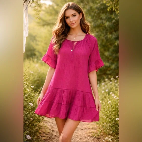 NWT Sundance Women’s Aisha Dress Tiered Magenta Purple L Peasant Cottagecore - Picture 1 of 12